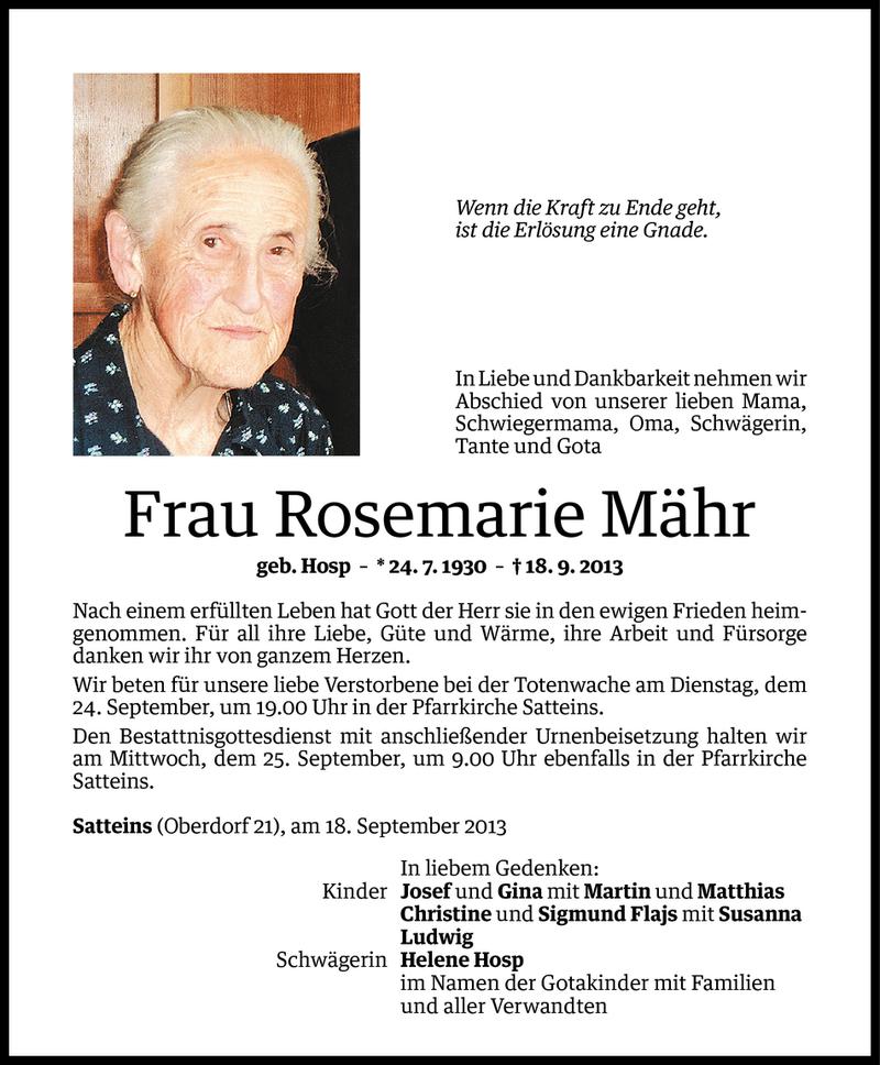  Todesanzeige für Rosemarie Mähr vom 21.09.2013 aus Vorarlberger Nachrichten