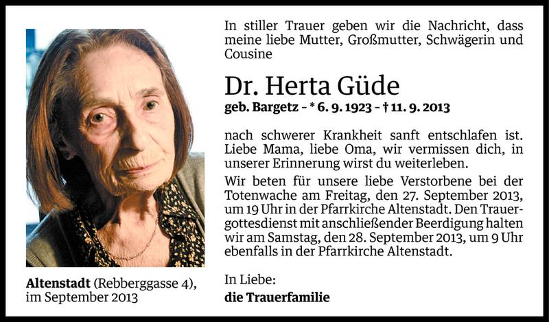  Todesanzeige für Dr. Herta Güde vom 20.09.2013 aus Vorarlberger Nachrichten