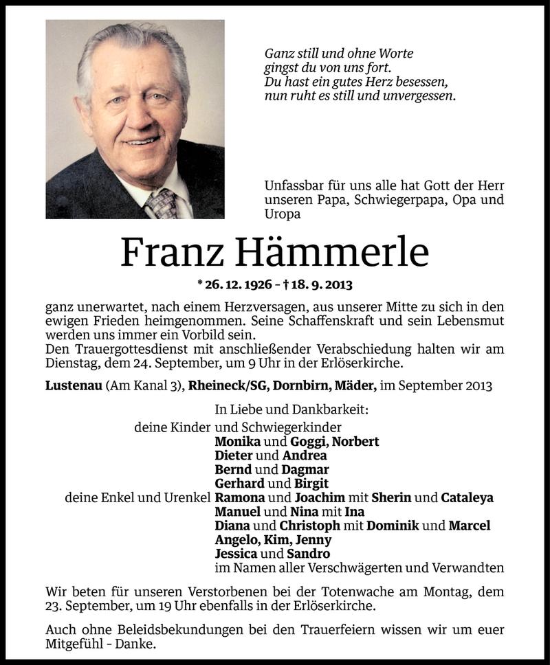  Todesanzeige für Franz Hämmerle vom 20.09.2013 aus Vorarlberger Nachrichten