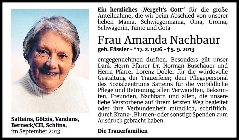  Todesanzeige für Amanda Nachbaur vom 22.09.2013 aus Vorarlberger Nachrichten