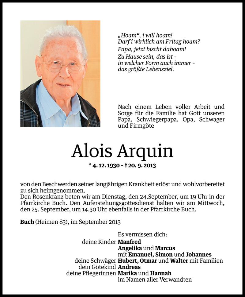  Todesanzeige für Alois Arquin vom 22.09.2013 aus Vorarlberger Nachrichten