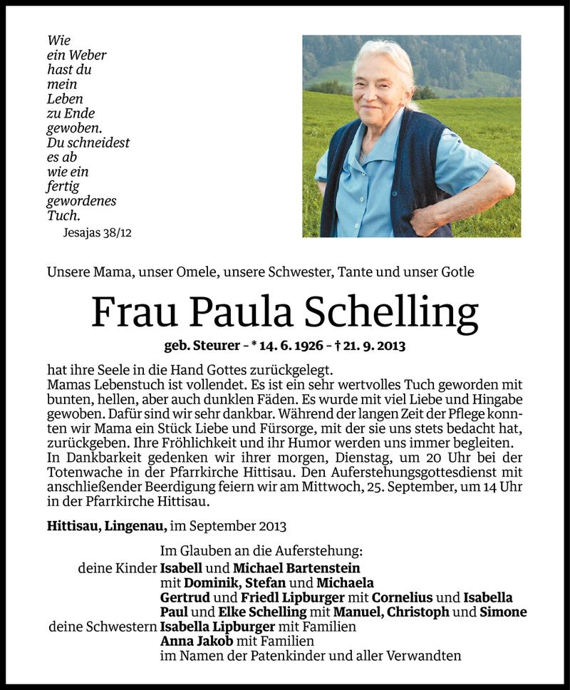  Todesanzeige für Paula Schelling vom 22.09.2013 aus Vorarlberger Nachrichten