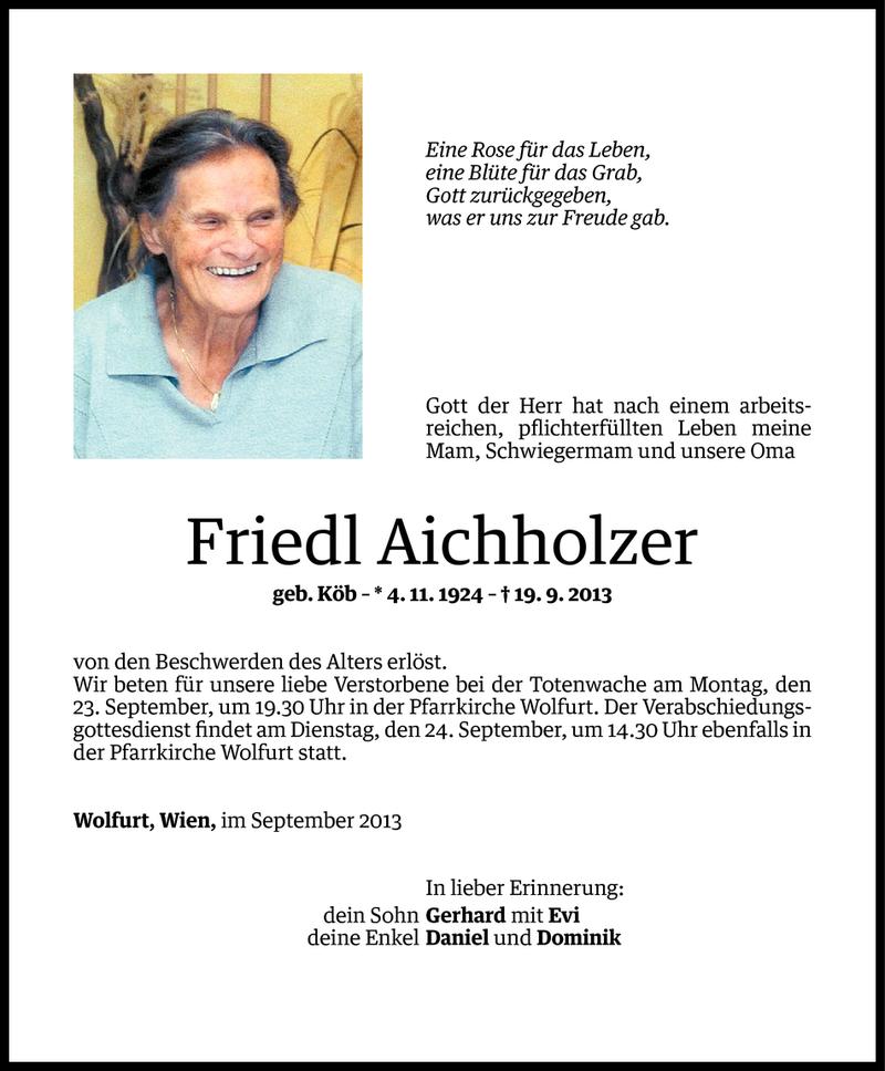  Todesanzeige für Friedl Aichholzer vom 22.09.2013 aus Vorarlberger Nachrichten