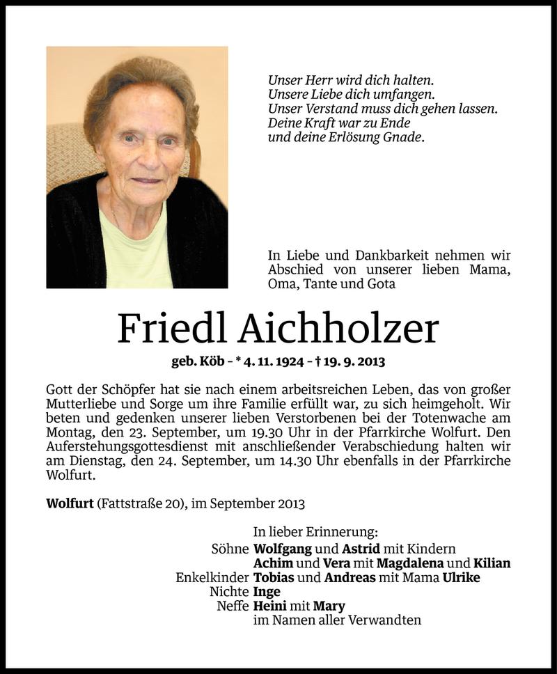  Todesanzeige für Friedl Aichholzer vom 22.09.2013 aus Vorarlberger Nachrichten