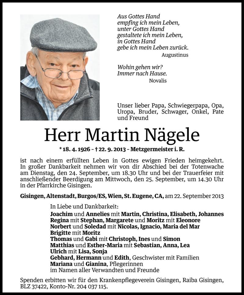  Todesanzeige für Martin Nägele vom 22.09.2013 aus Vorarlberger Nachrichten