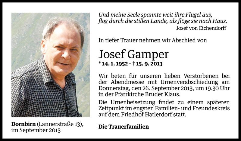  Todesanzeige für Josef Gamper vom 23.09.2013 aus Vorarlberger Nachrichten