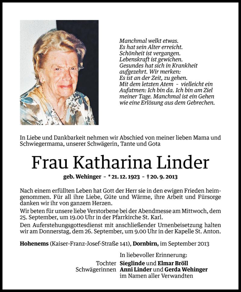  Todesanzeige für Katharina Linder vom 24.09.2013 aus Vorarlberger Nachrichten