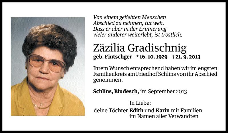  Todesanzeige für Zäzilia Gradischnig vom 01.10.2013 aus Vorarlberger Nachrichten