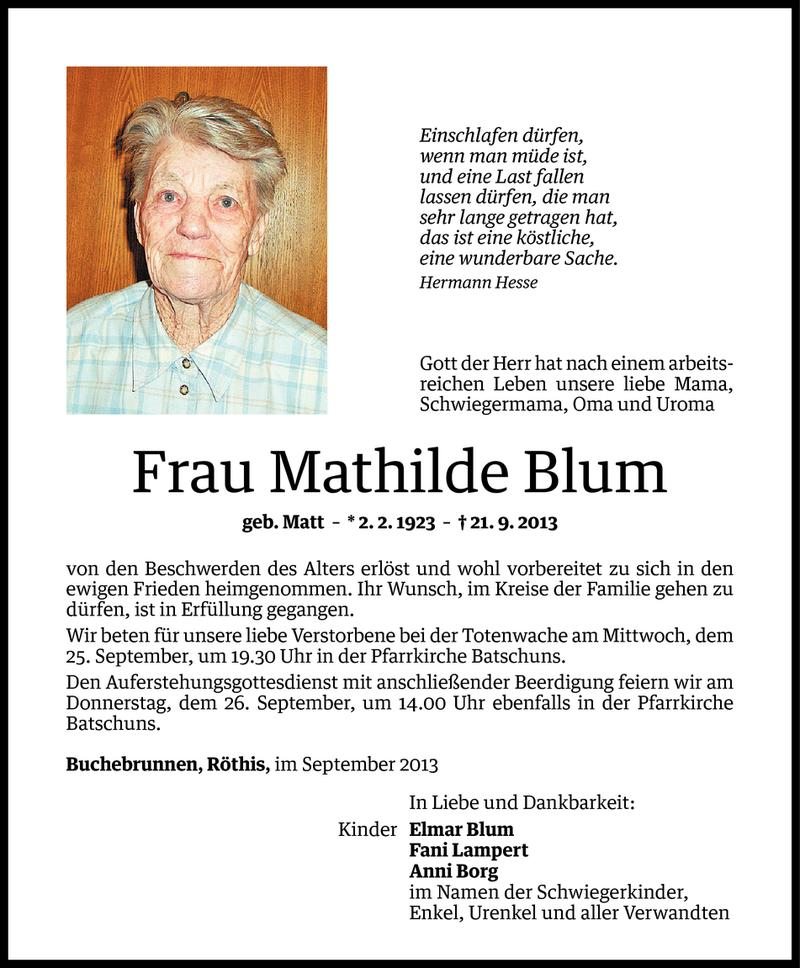  Todesanzeige für Mathilde Blum vom 24.09.2013 aus Vorarlberger Nachrichten