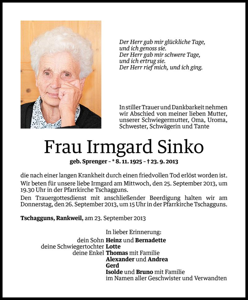  Todesanzeige für Irmgard Sinko vom 23.09.2013 aus Vorarlberger Nachrichten