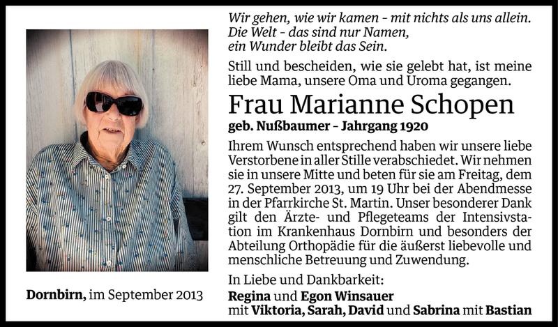  Todesanzeige für Marianne Schopen vom 26.09.2013 aus Vorarlberger Nachrichten