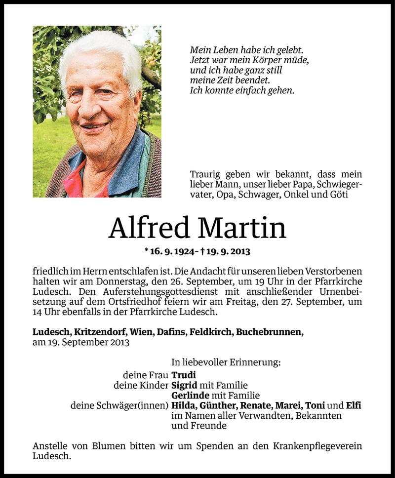 Todesanzeige für Alfred Martin vom 24.09.2013 aus Vorarlberger Nachrichten