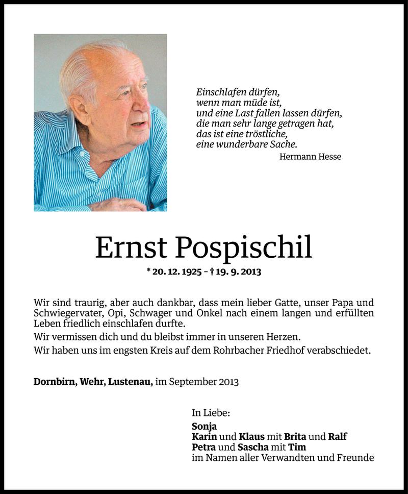  Todesanzeige für Ernst Pospischil vom 25.09.2013 aus Vorarlberger Nachrichten