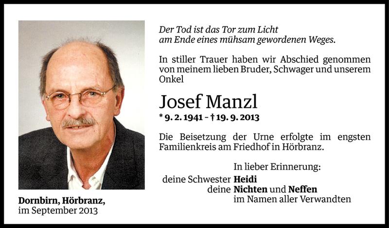  Todesanzeige für Josef Manzl vom 30.09.2013 aus Vorarlberger Nachrichten