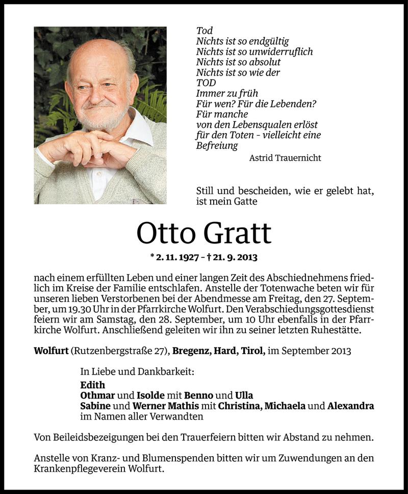  Todesanzeige für Otto Gratt vom 24.09.2013 aus Vorarlberger Nachrichten