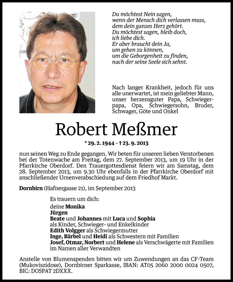  Todesanzeige für Robert Meßmer vom 24.09.2013 aus Vorarlberger Nachrichten