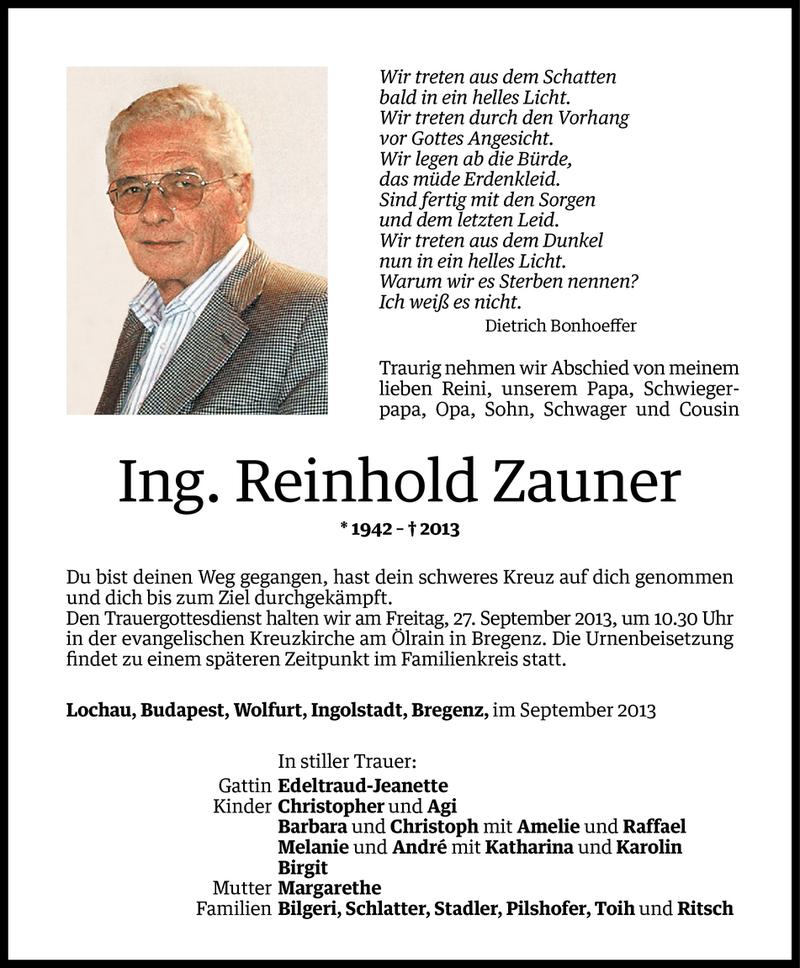  Todesanzeige für Reinhold Zauner vom 24.09.2013 aus Vorarlberger Nachrichten