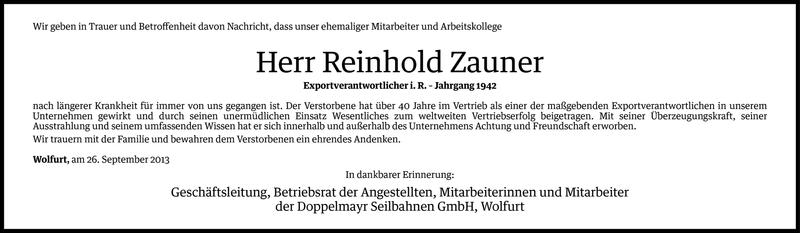  Todesanzeige für Reinhold Zauner vom 25.09.2013 aus Vorarlberger Nachrichten