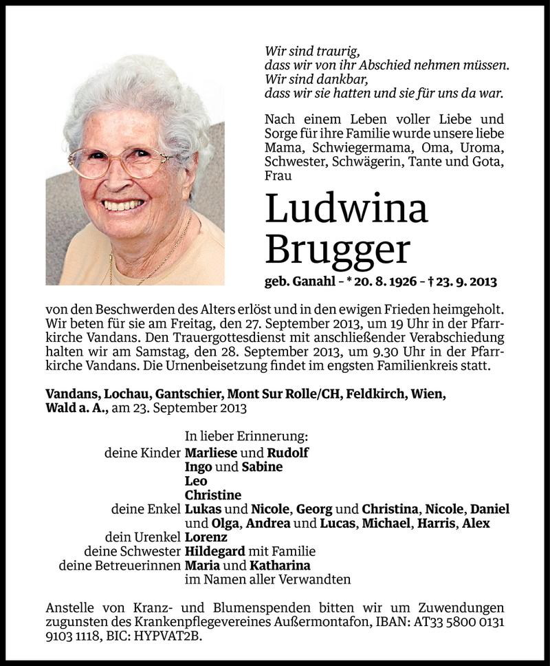  Todesanzeige für Ludwina Brugger vom 25.09.2013 aus Vorarlberger Nachrichten