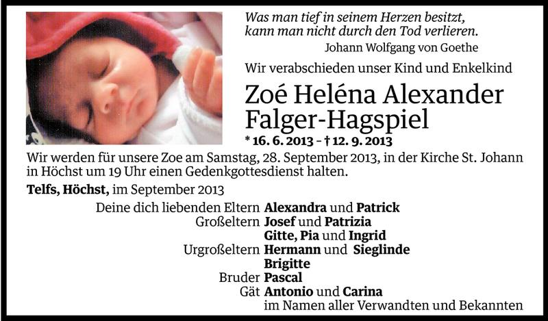  Todesanzeige für Zoe Falger-Hagspiel vom 25.09.2013 aus Vorarlberger Nachrichten