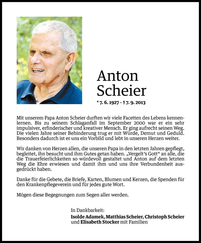  Todesanzeige für Anton Scheier vom 27.09.2013 aus Vorarlberger Nachrichten