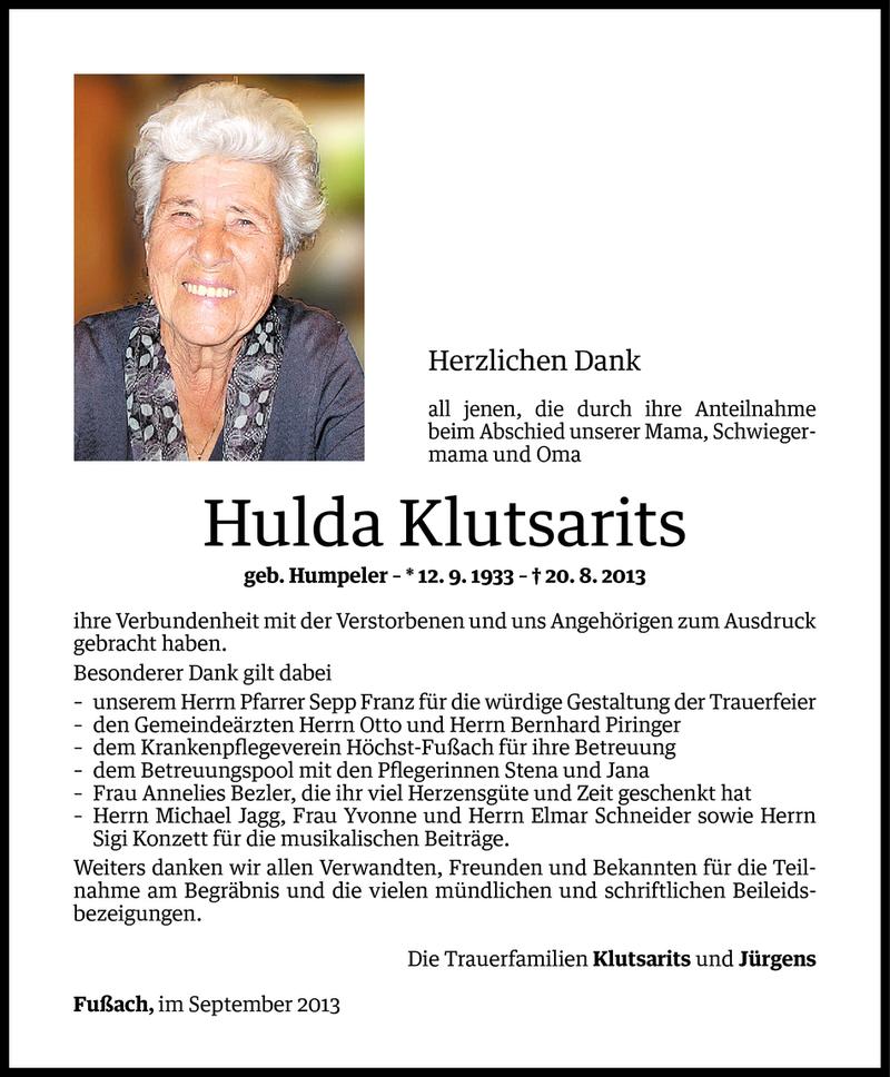  Todesanzeige für Hulda Klutsarits vom 26.09.2013 aus Vorarlberger Nachrichten