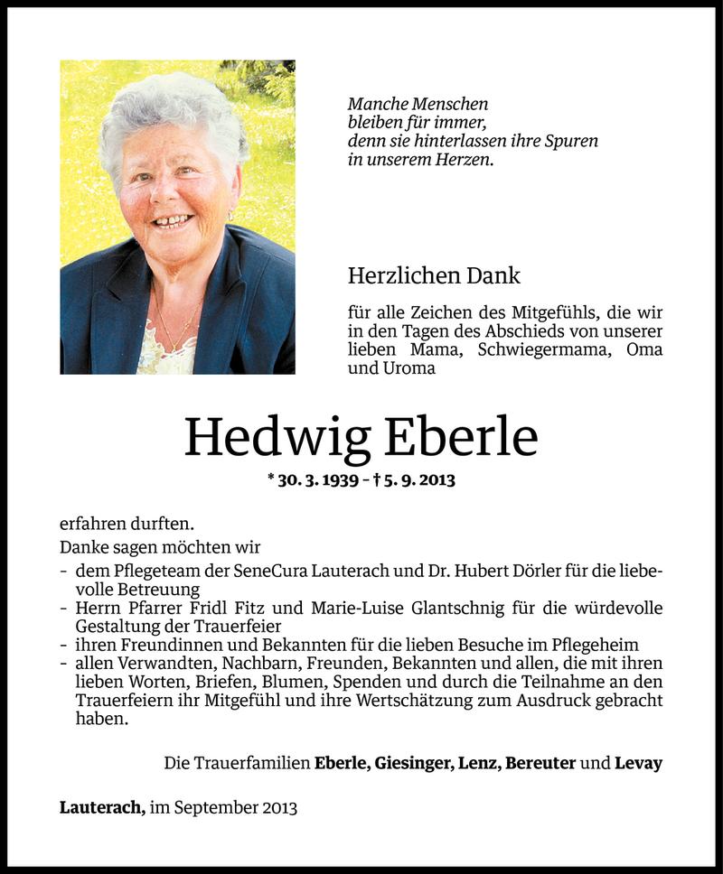 Todesanzeigen von Hedwig Eberle | Todesanzeigen Vorarlberger Nachrichten