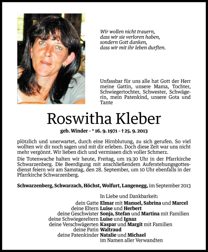  Todesanzeige für Roswitha Kleber vom 26.09.2013 aus Vorarlberger Nachrichten