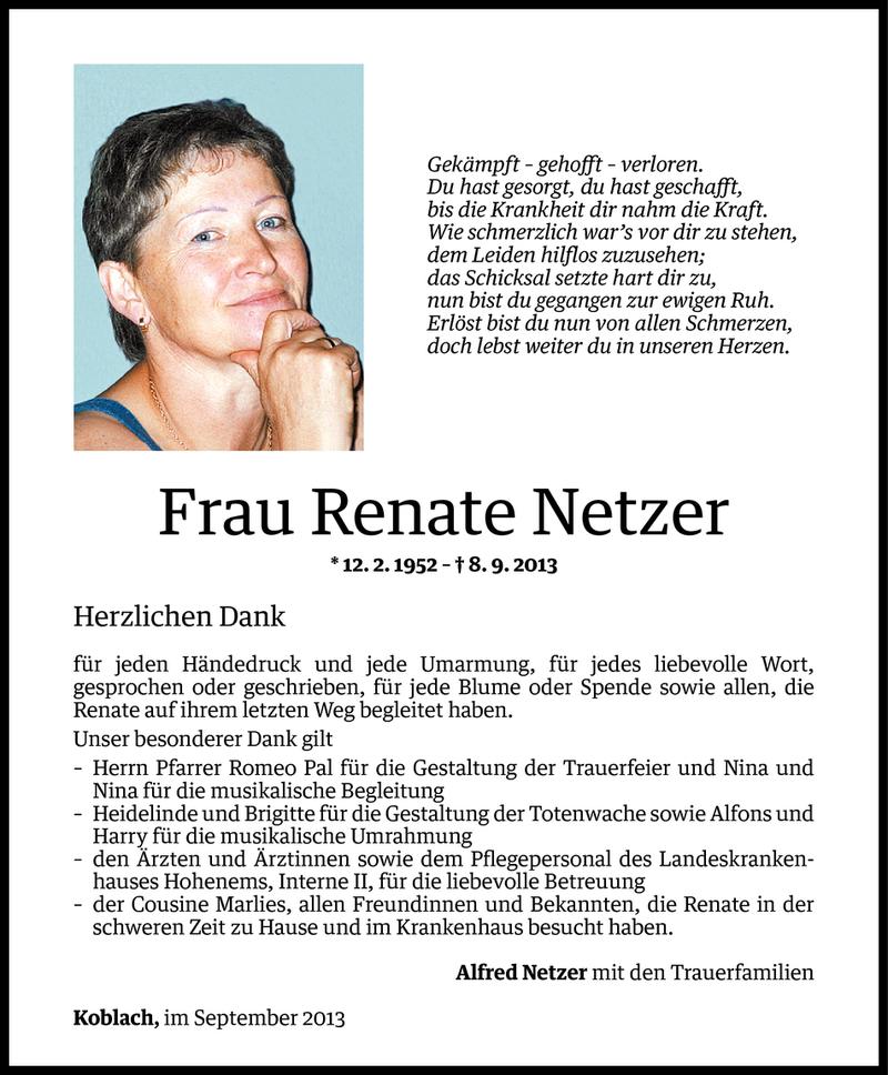  Todesanzeige für Renate Netzer vom 26.09.2013 aus Vorarlberger Nachrichten