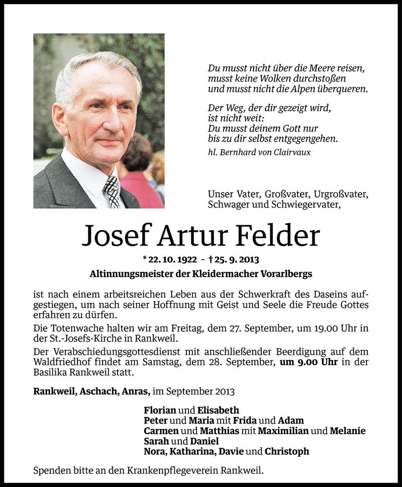  Todesanzeige für Josef Artur Felder vom 27.09.2013 aus Vorarlberger Nachrichten
