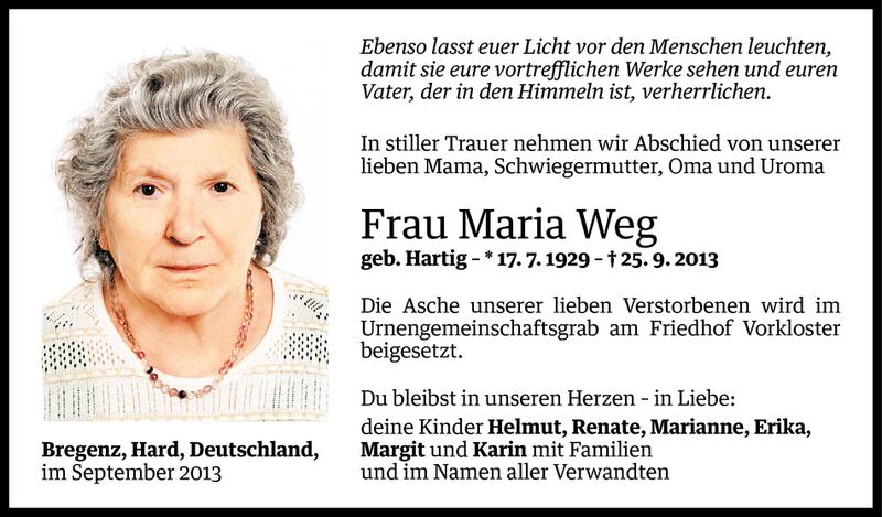  Todesanzeige für Maria Weg vom 28.09.2013 aus Vorarlberger Nachrichten