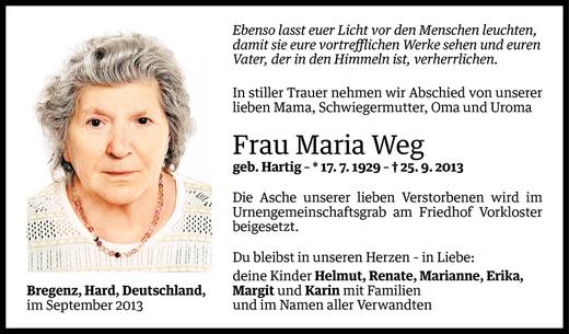 Todesanzeige von Maria Weg von Vorarlberger Nachrichten