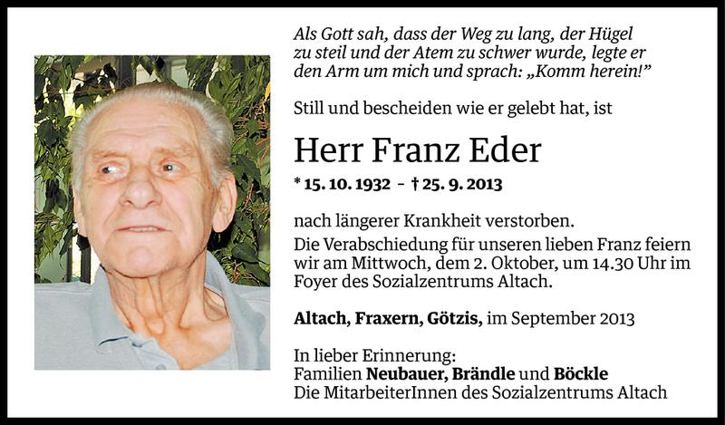  Todesanzeige für Franz Eder vom 28.09.2013 aus Vorarlberger Nachrichten