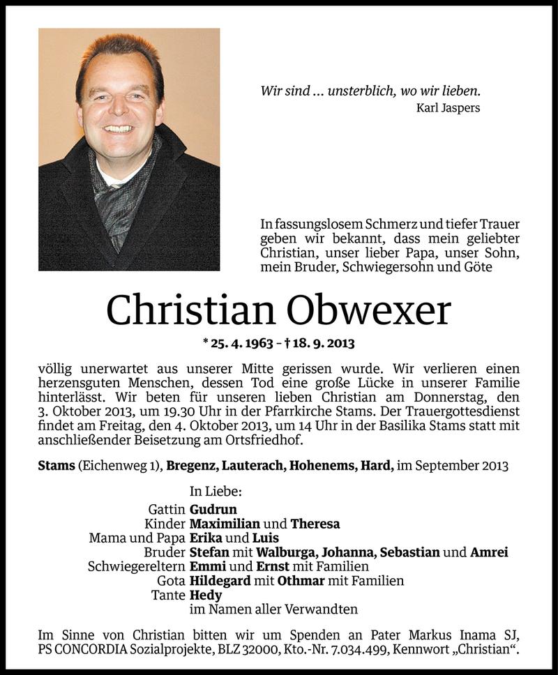  Todesanzeige für Christian Obwexer vom 27.09.2013 aus Vorarlberger Nachrichten