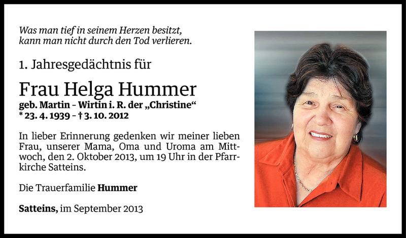  Todesanzeige für Helga Hummer vom 27.09.2013 aus Vorarlberger Nachrichten