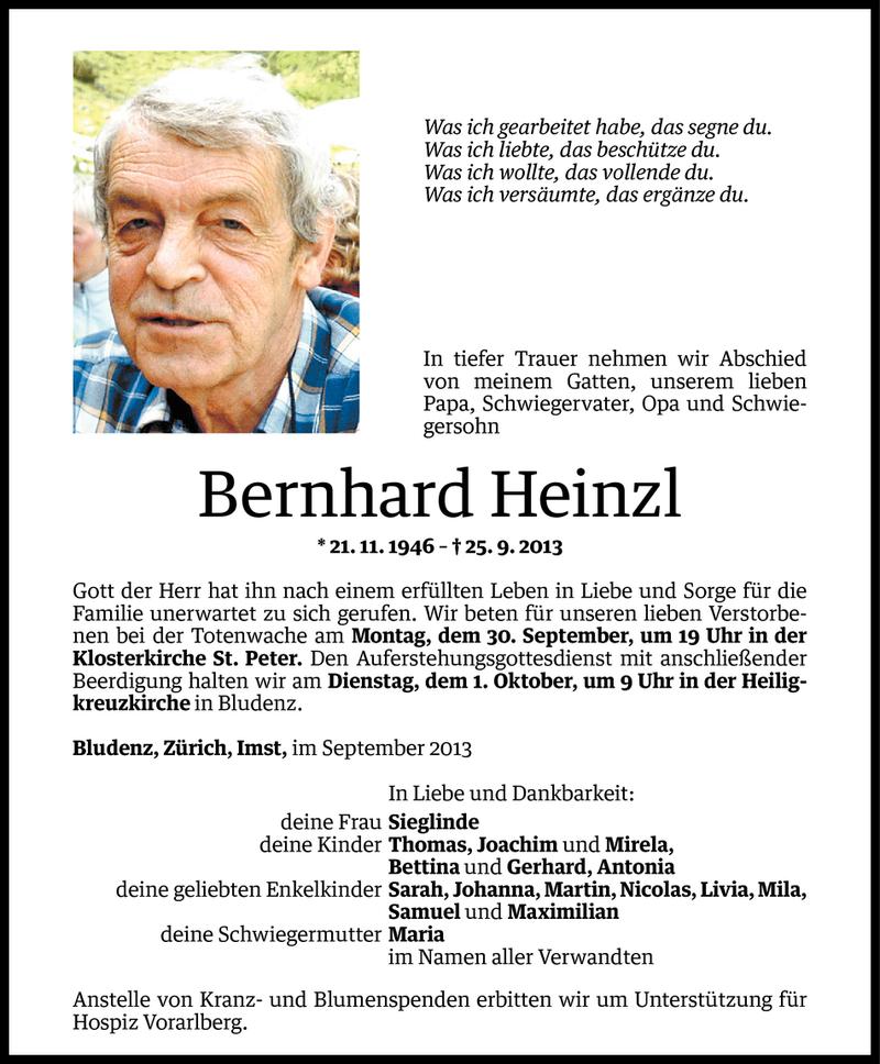 Todesanzeige für Bernhard Heinzl vom 28.09.2013 aus Vorarlberger Nachrichten