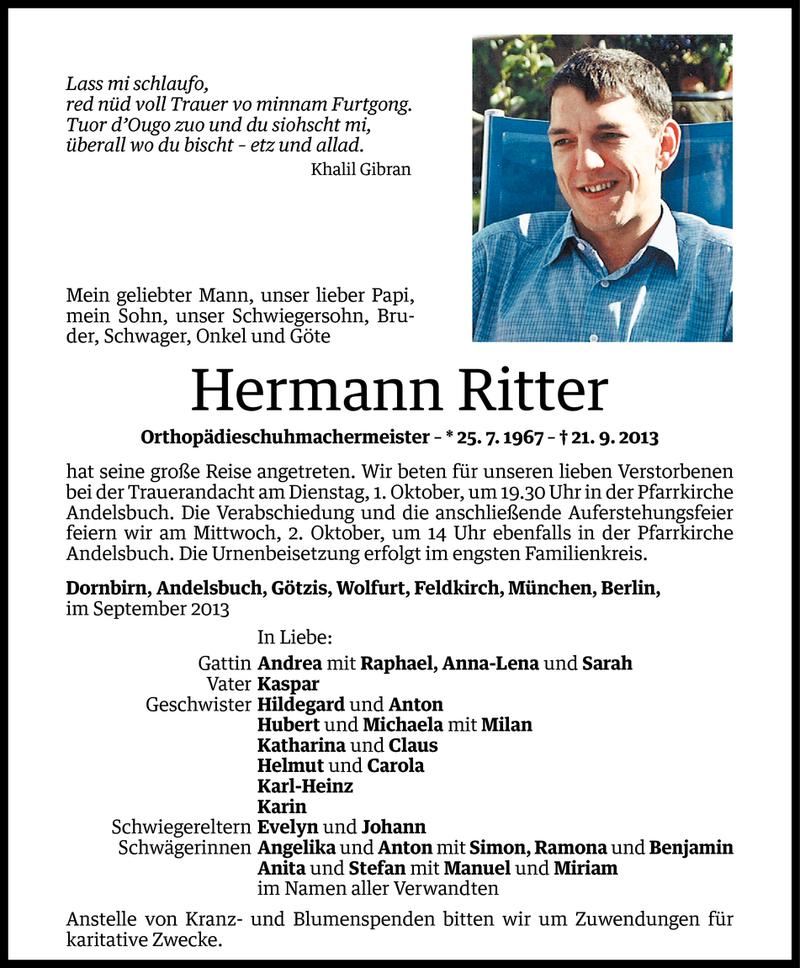  Todesanzeige für Hermann Ritter vom 27.09.2013 aus Vorarlberger Nachrichten