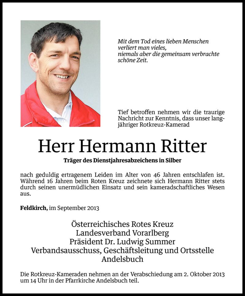  Todesanzeige für Hermann Ritter vom 27.09.2013 aus Vorarlberger Nachrichten