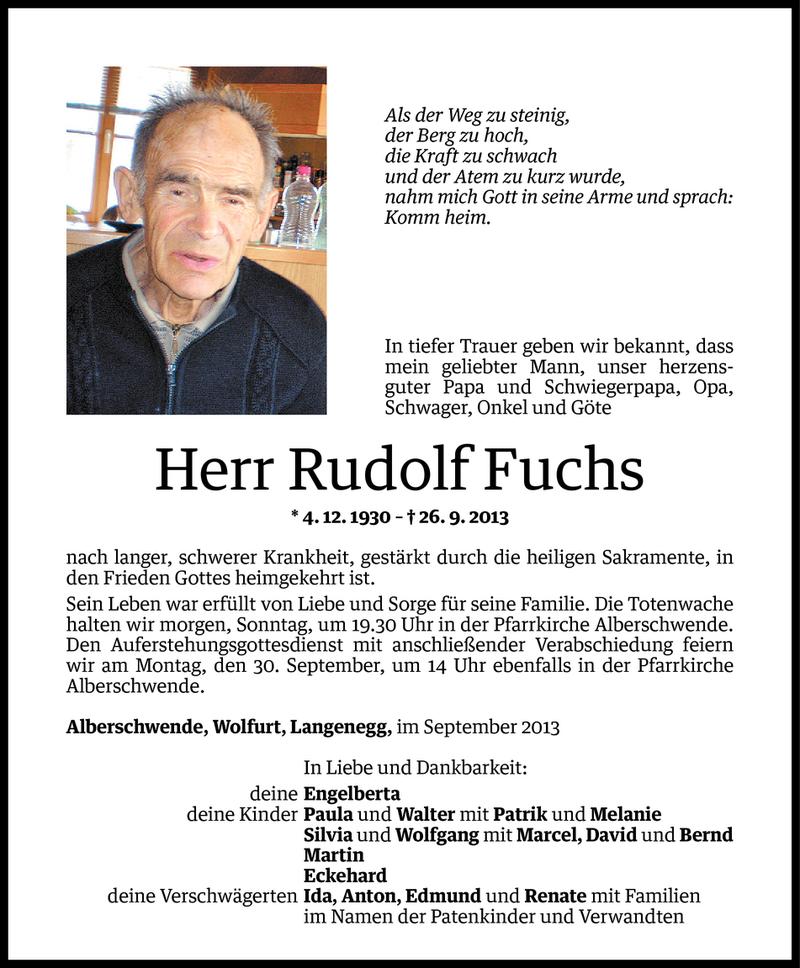  Todesanzeige für Rudolf Fuchs vom 27.09.2013 aus Vorarlberger Nachrichten