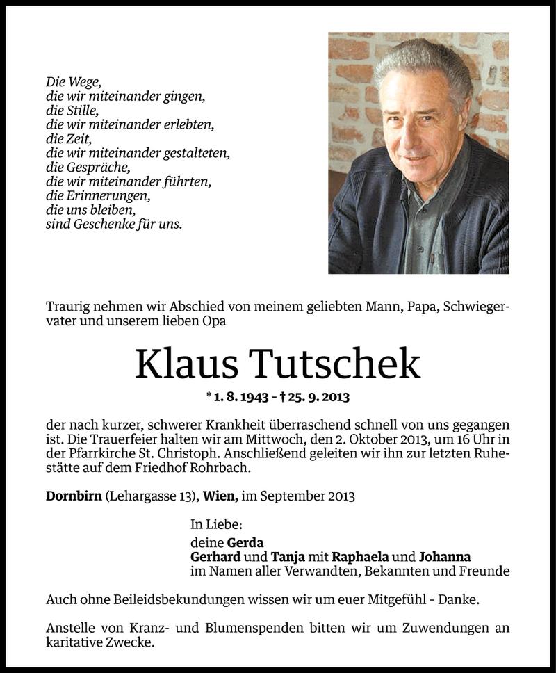  Todesanzeige für Klaus Tutschek vom 29.09.2013 aus Vorarlberger Nachrichten