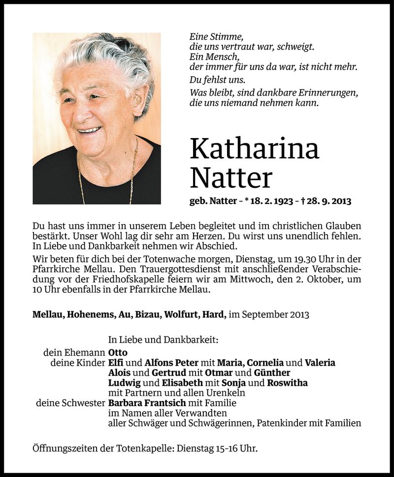  Todesanzeige für Katharina Natter vom 29.09.2013 aus Vorarlberger Nachrichten