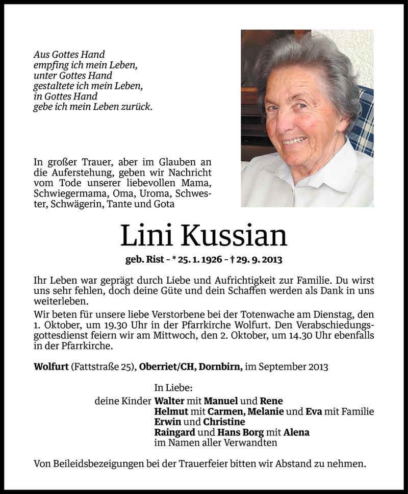  Todesanzeige für Lini Kussian vom 30.09.2013 aus Vorarlberger Nachrichten