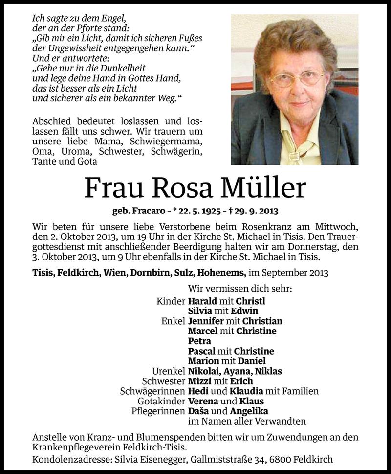  Todesanzeige für Rosa Müller vom 30.09.2013 aus Vorarlberger Nachrichten