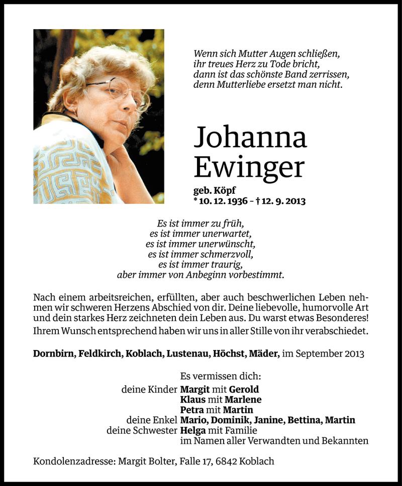  Todesanzeige für Johanna Ewinger vom 02.10.2013 aus Vorarlberger Nachrichten