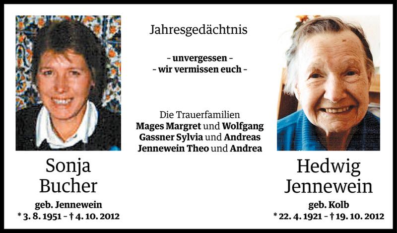  Todesanzeige für Sonja Bucher und Hedwig Jennewein vom 03.10.2013 aus Vorarlberger Nachrichten