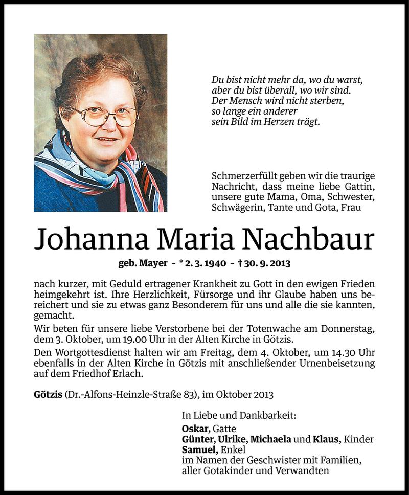  Todesanzeige für Johanna Nachbaur vom 02.10.2013 aus Vorarlberger Nachrichten