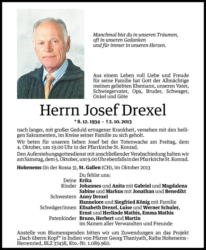  Todesanzeige für Josef Drexel vom 03.10.2013 aus Vorarlberger Nachrichten