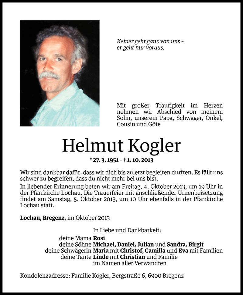  Todesanzeige für Helmut Kogler vom 02.10.2013 aus Vorarlberger Nachrichten