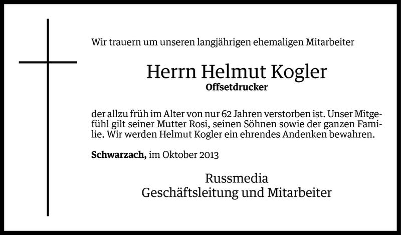  Todesanzeige für Helmut Kogler vom 02.10.2013 aus Vorarlberger Nachrichten