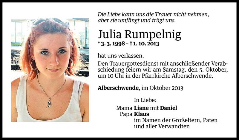  Todesanzeige für Julia Rumpelnig vom 03.10.2013 aus Vorarlberger Nachrichten